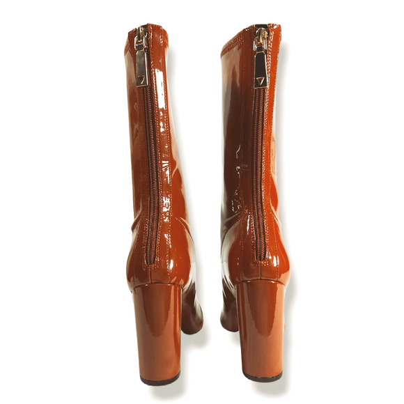 NWOB Guess Abbale Patent Pointed Toe Mid-Calf Block Heel Boots Sz. 7.5M Caramel - Picture 5 of 9